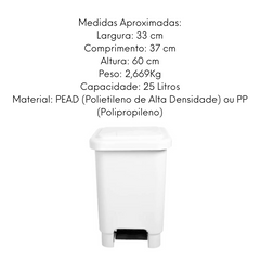 Lixeira Retangular Branca 25L com Pedal TBN