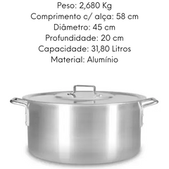 Caçarola Hotel Reta Com Alça N45 em Aluminio 31,8L Cajamac