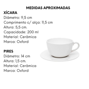 Xicara de Chá Plus Branca de Porcelana 200ml Com Pires Oxford