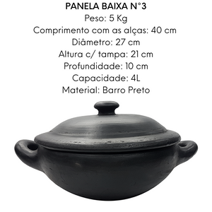 Caçarola Baixa Capixaba de Barro Preto Com Tampa N3 4L Artesanato Vilas Boa