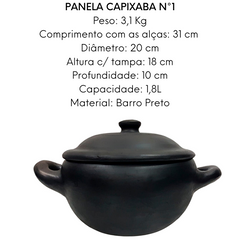 Caçarola de Barro Preto Capixaba N1 Com Tampa 1,8L Artesanato Vilas Boa