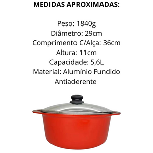Caçarola Aluminio Fundido Antiaderente Vermelha 5,6L - A Gourmet