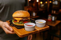 Kit Profissional Bifeteira Quadrada Ferro Fundido 20x20cm com Tábua de Madeira e 2 Ramekins – Restaurantes e Churrascarias