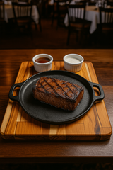 Kit Profissional Bifeteira Ferro Fundido 21cm com Tábua de Madeira e 2 Ramekins de Porcelana – Restaurantes e Churrascarias