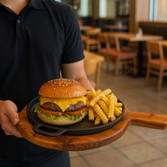 Chapa Redonda Ferro Fundido 20cm + Tábua Madeira com Cabo – Linha Profissional para Bares e Lanchonetes