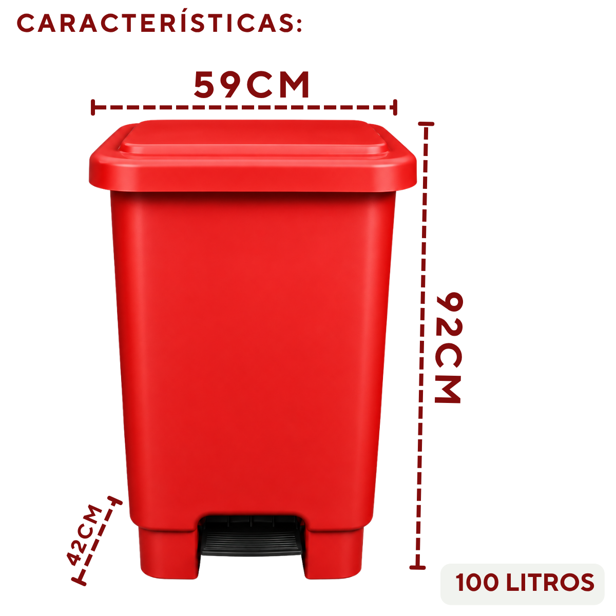 Lixeira com Pedal 100L Vermelha em Plástico Profissional