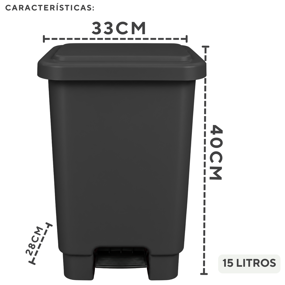 Lixeira Preta Retangular C/Pedal 15 Litros