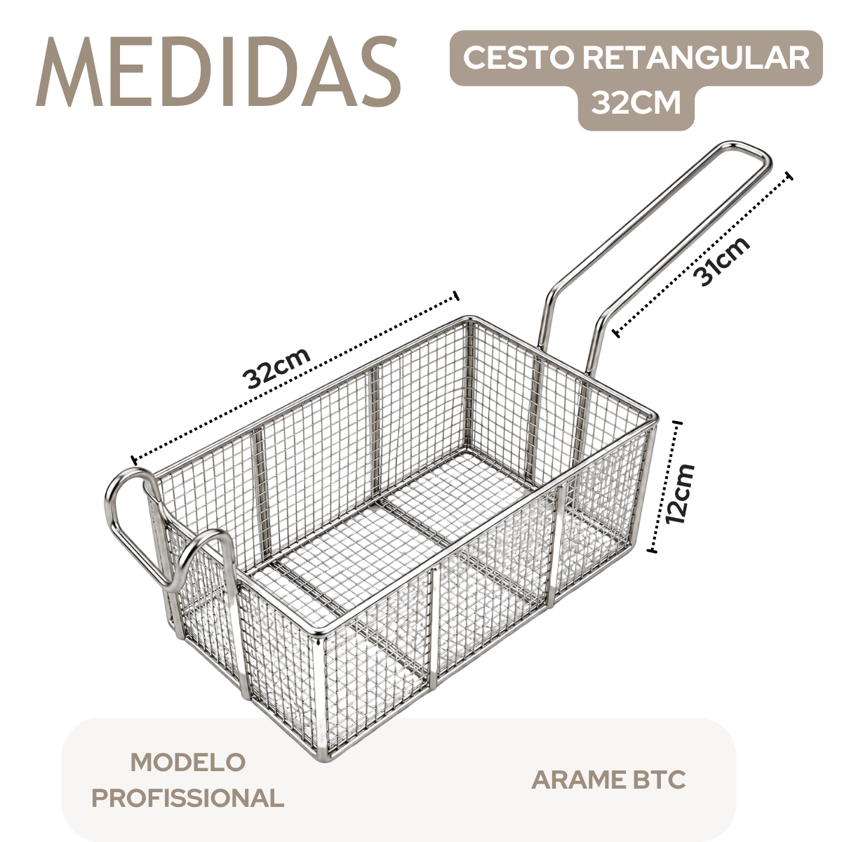 Cesto Fritura Retangular Profissional 32cm