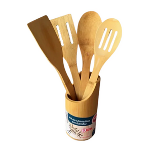 Kit Colheres De Bambu 100% Com Suporte 5pçs Dolce Home