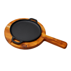 Chapa Redonda Ferro Fundido 20cm + Tábua Madeira com Cabo – Linha Profissional para Bares e Lanchonetes