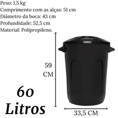 Lixeira Cesto Fechado Com Tampa Preto 60L Jaguar