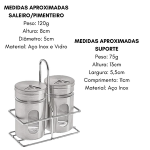 Saleiro Pimenteiro em Aço Inox Com Suporte Etilux