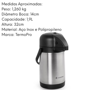 Garrafa Térmica aço inox pressão - 1,9 L - A Gourmet