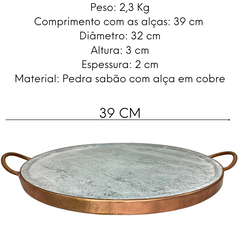 Forma de Pizza Pedra Sabão 33cm Com alça em Cobre Val Pedra Sabão