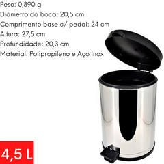 Lixeira com Pedal em Inox e Recipiente de Plástico 4,5L Viel