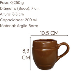 Caneca Marrom Barro C/ Alça Rustica Esmaltada 200ml Bela Porcelana