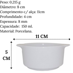 Ramekim C/ Alça Liso Médio 150ml Porcelana Branco BelaVista