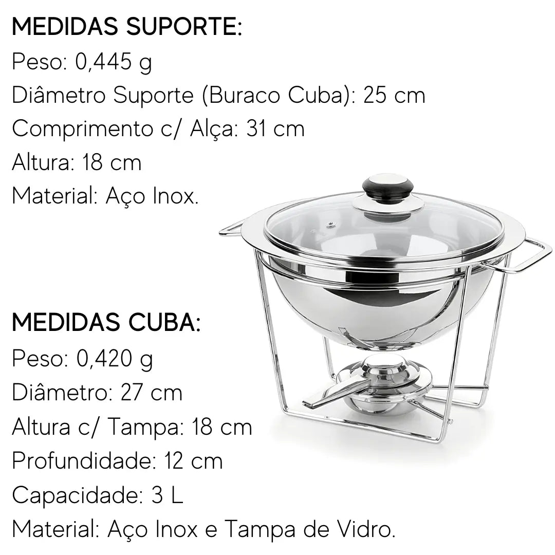 Rechaud Redondo Inox P/ Caldos Meu Buffet Tampa Vidro 3pçs Rechaud
