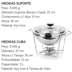 Rechaud Redondo Inox P/ Caldos Meu Buffet Tampa Vidro 3pçs Rechaud