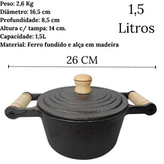 Caçarola N°16 Em Ferro Fundido 1,5l C/ Alça Em Madeira Santana