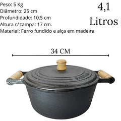 Caçarola N°24 Em Ferro Fundido 4,1l C/ Tampa Alça Em Madeira Santana