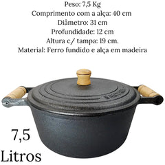 Caçarola N°30 Ferro Fundido 7,5l C/ Tampa E Alça Em Madeira Santana