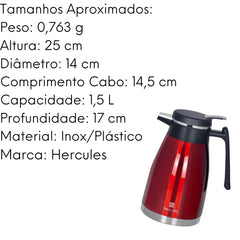 Garrafa Termica 1,5 L Vermelha Aço Inox Hercules Hercules