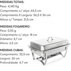 Rechaud Inox C/ 2 Cubas 2 Queimadores Tampa E Suporte GP