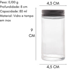 Pote Saleiro 80ml Em Vidro Tampa Sortida C/ Furos Lyor