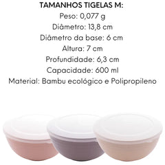 Conjunto 3 Bowls C/ Tampa Bambu Ecológico Cores Sortidas Lyor