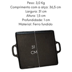 Chapa Bifeteira Quadrada C/ Alça Ferro Fundido 31cm RIG