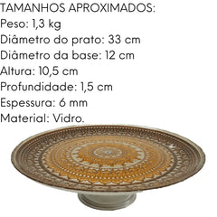 Prato P/ Bolo Centro Mesa Decorado C/ Pé 33cm Vidro Lyor