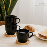Jogo 6 Xícara Preta De Porcelana Com Pires Madeira Café Chá Preto
