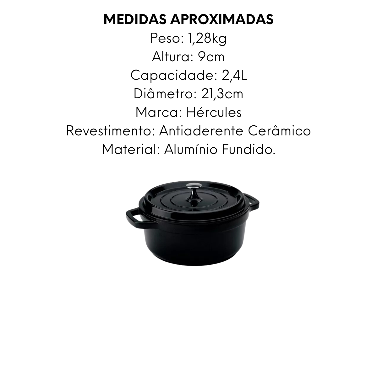 Caçarola Preta Redonda de Cerâmica 2,4L Hercules
