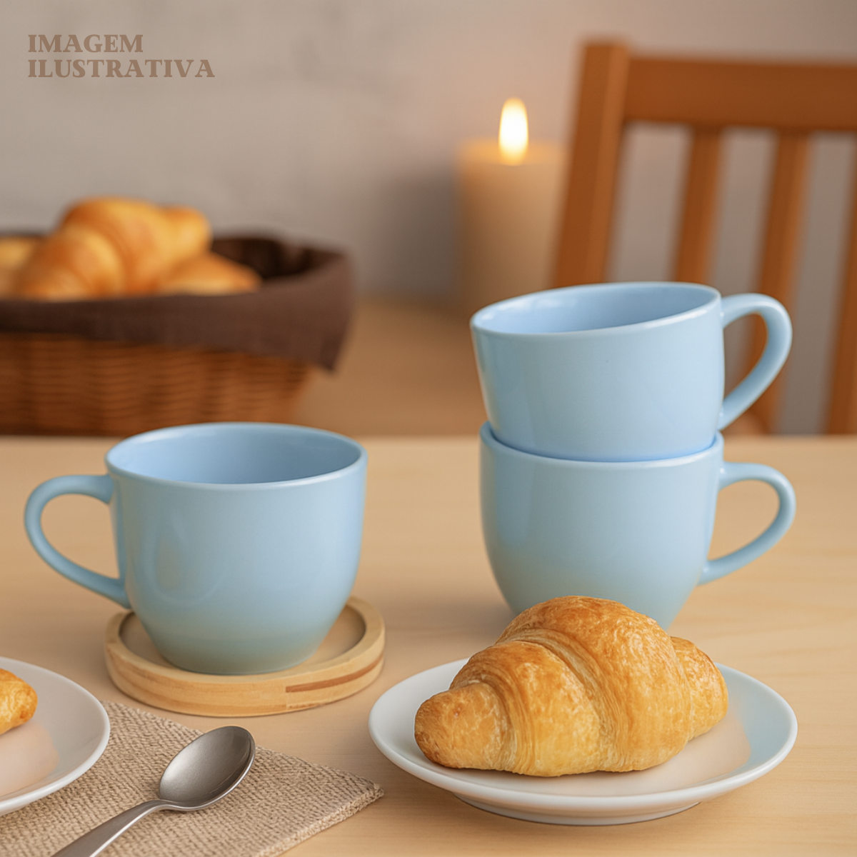 Jogo 6 Xícara De Chá Porcelana Café Casa Com Pires Madeira Azul