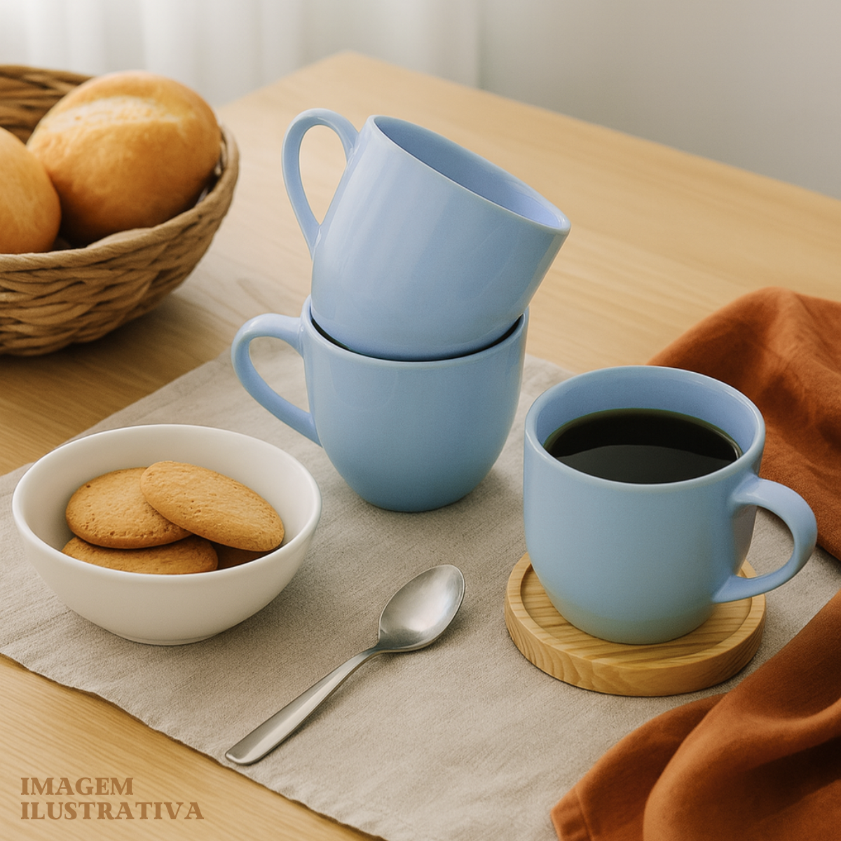 Jogo 6 Xícara De Chá Porcelana Café Casa Com Pires Madeira Azul