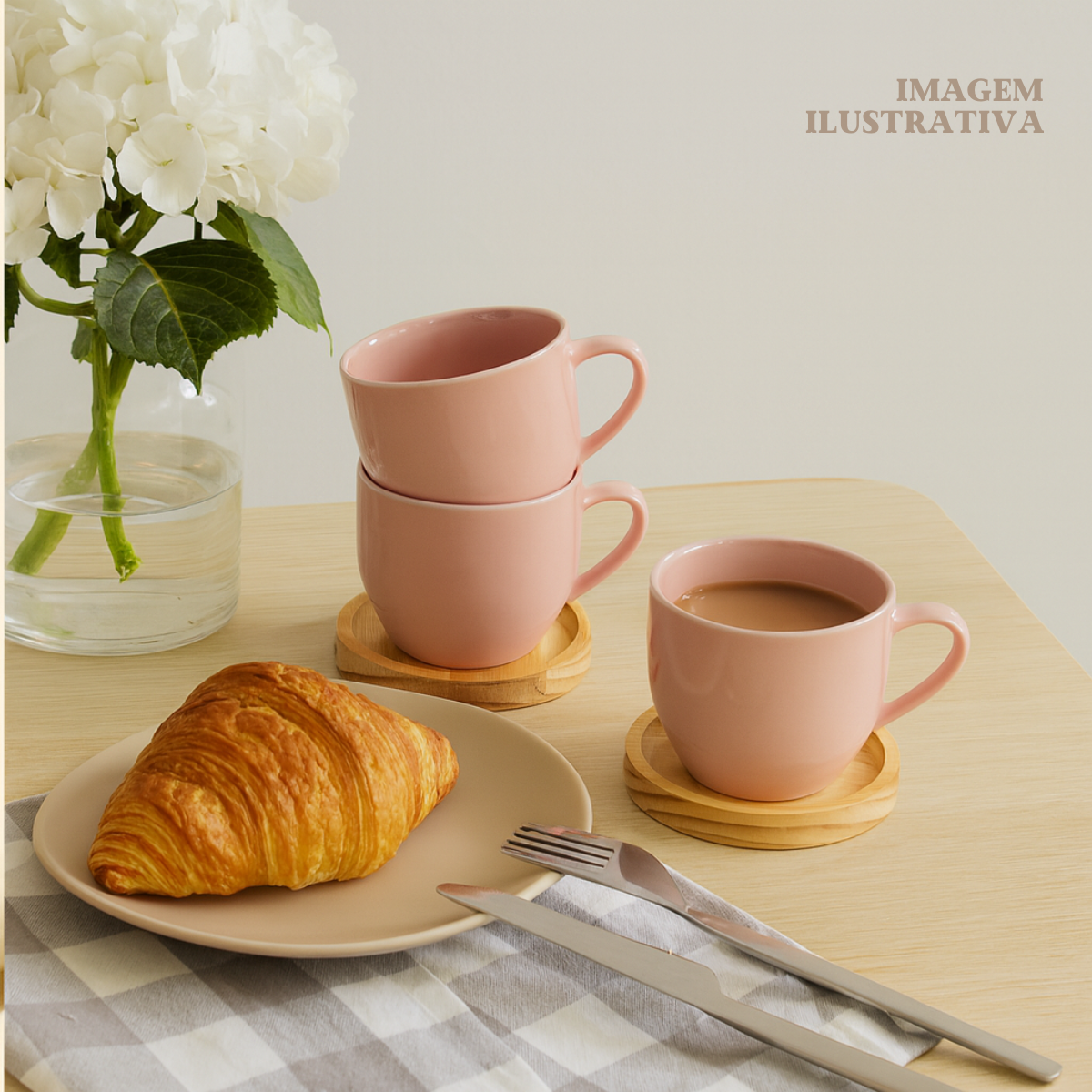 Jogo 6 Xícara De Porcelana Rosa Com Pires Madeira Pinus Café Rosa