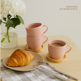Jogo 6 Xícara De Porcelana Rosa Com Pires Madeira Pinus Café Rosa