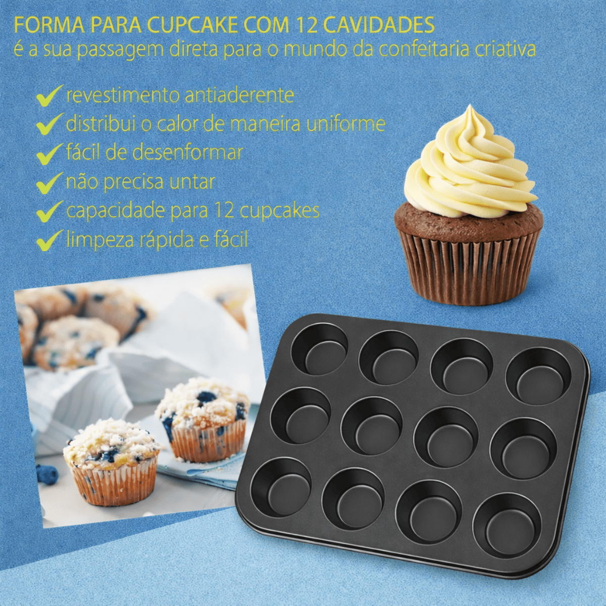 Forma de Cupcake Antiaderente 12 Cavidades