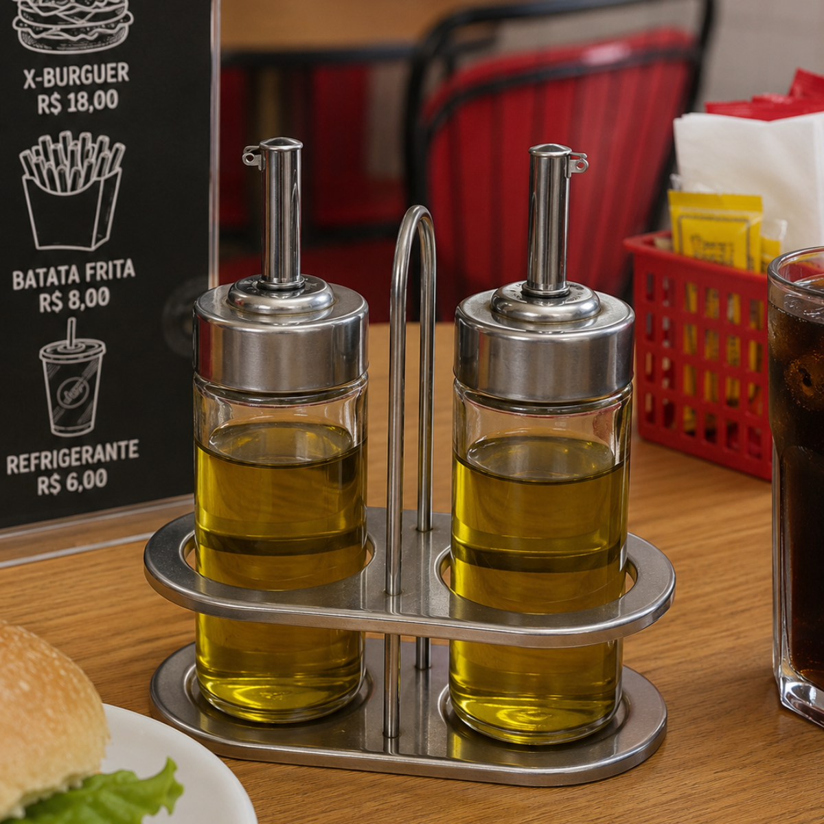 Kit 2 Galheteiro Vidro 100ml Com Suporte Inox Mesa