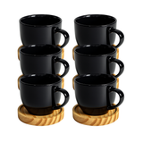 Jogo 6 Xícara Preta De Porcelana Com Pires Madeira Café Chá Preto