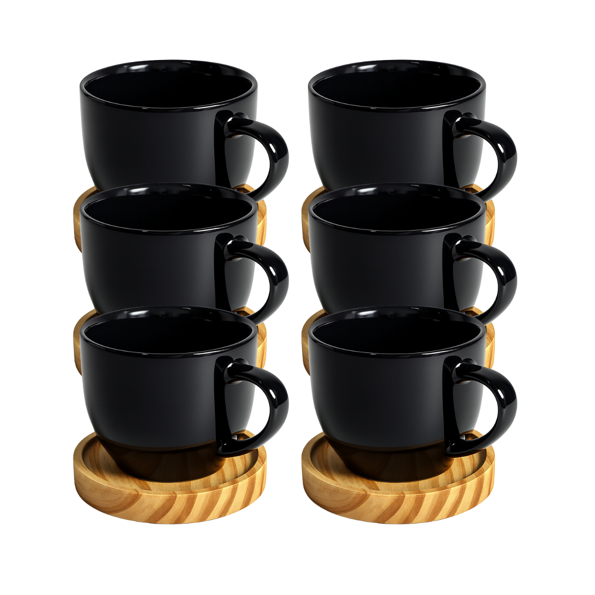 Jogo 6 Xícara Preta De Porcelana Com Pires Madeira Café Chá Preto