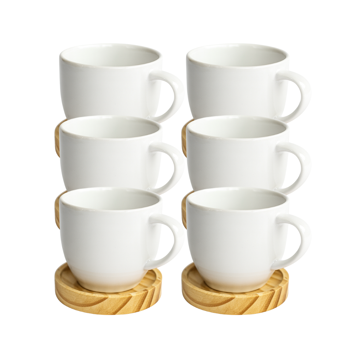 Jogo 6 Xícara De Porcelana Com Pires Madeira Casa Chá Café Branco