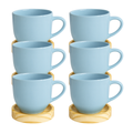 Jogo 6 Xícara De Chá Porcelana Café Casa Com Pires Madeira Azul