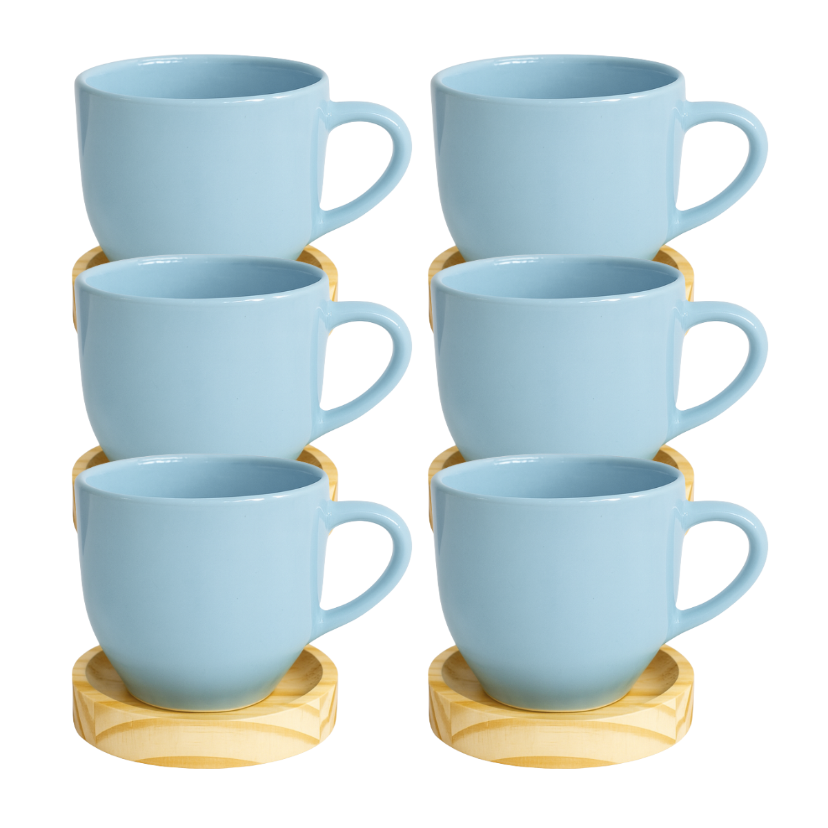 Jogo 6 Xícara De Chá Porcelana Café Casa Com Pires Madeira Azul