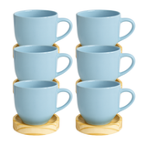 Jogo 6 Xícara De Chá Porcelana Café Casa Com Pires Madeira Azul