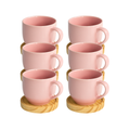 Jogo 6 Xícara De Porcelana Rosa Com Pires Madeira Pinus Café Rosa