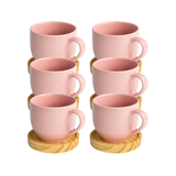 Jogo 6 Xícara De Porcelana Rosa Com Pires Madeira Pinus Café Rosa