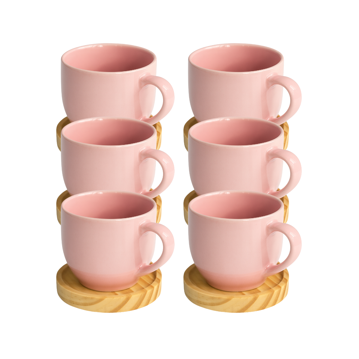 Jogo 6 Xícara De Porcelana Rosa Com Pires Madeira Pinus Café Rosa