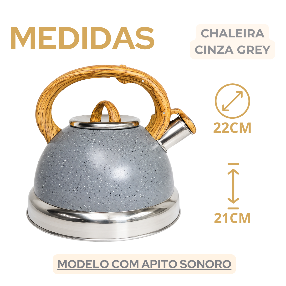Chaleira Cinza Grey Com Apito 3 Litros